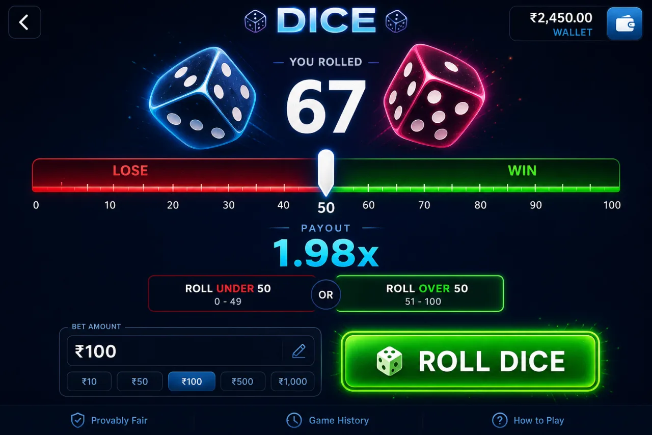 Dice over/under prediction game with threshold slider on Daman Games