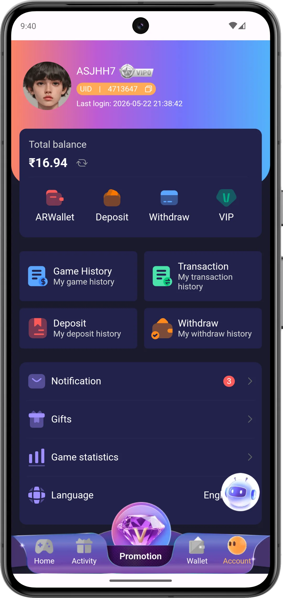 Daman Games account profile page with user details and settings
